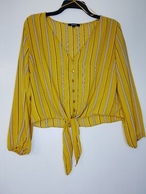 Ambiance Mustard Yellow Striped Tie-Front Blouse
